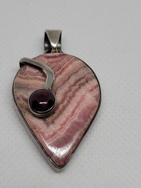 Vintage Handmade Pink Rhodochrosite Teardrop Pendant with Garnet Accent